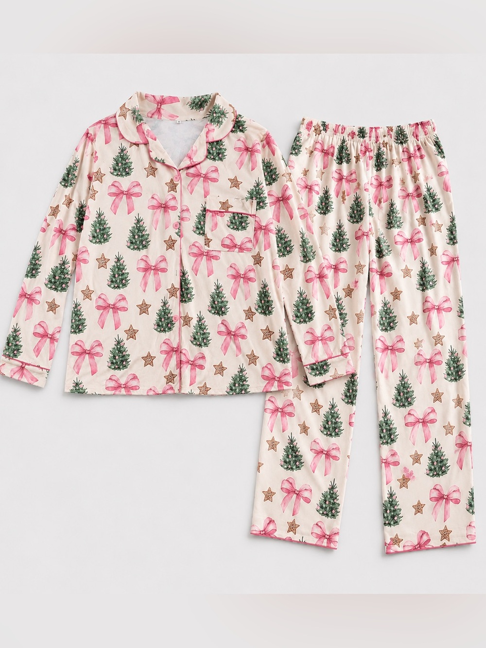 Women’s Pink Bow & Tree Holiday Pajama Set Size XL